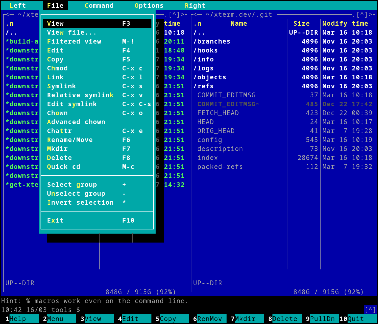 Midnight Commander showing two directory panels and a function key menu in the terminal