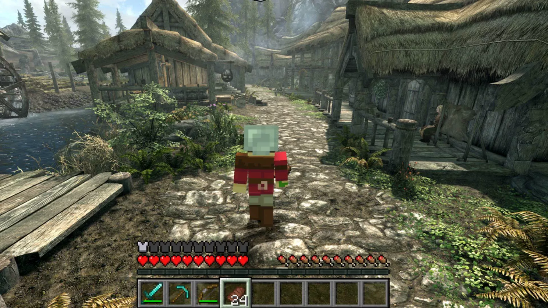Official Melty SkyCraft screenshot showing a Minecraft-style player in Skyrim